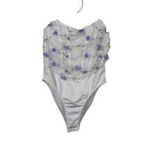 SHEIN Bodysuit Womens Medium White Strapless Sheer Mesh Embroidered Corset Thong